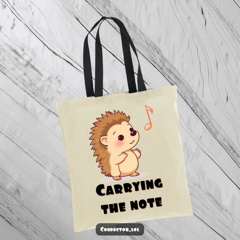Funny Tote Bag: A curious hedgehog intently listening to a prominent musical cue, perfect for carrying essentials with musical flair.