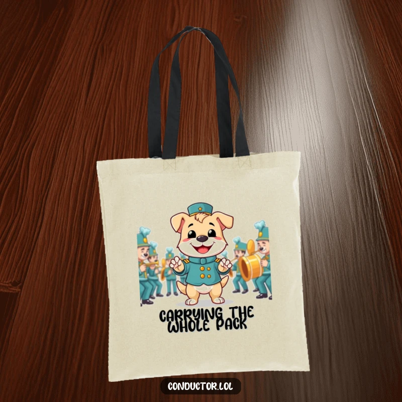 Funny tote bag with a smiling dog proudly directing a marching band, perfect for carrying music or groceries.