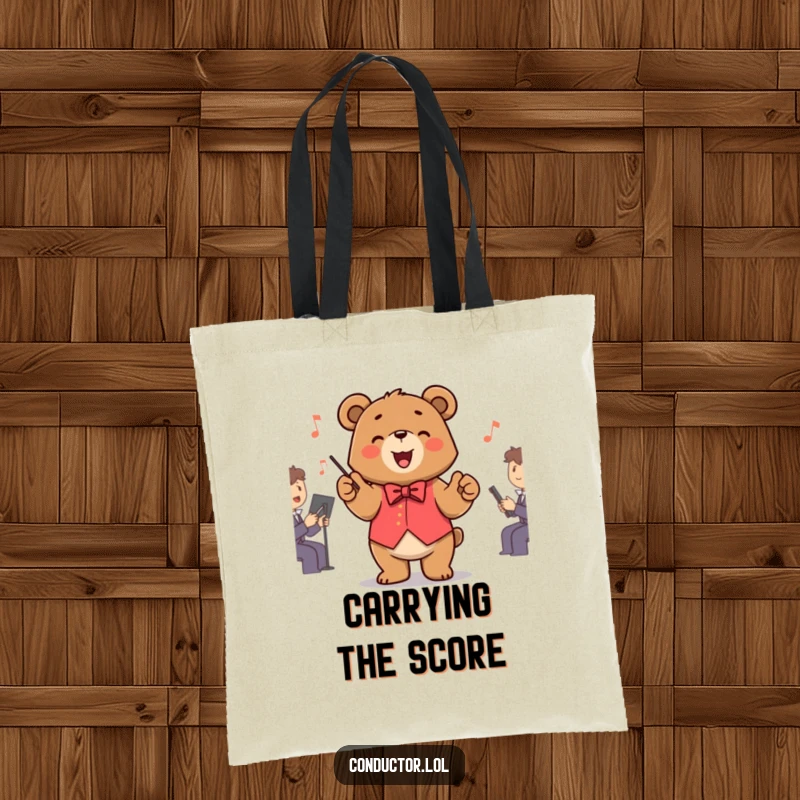 Funny Bear Conductor Tote Bag featuring a jubilant bear leading an orchestra, perfect for carrying music sheets and daily necessities.
