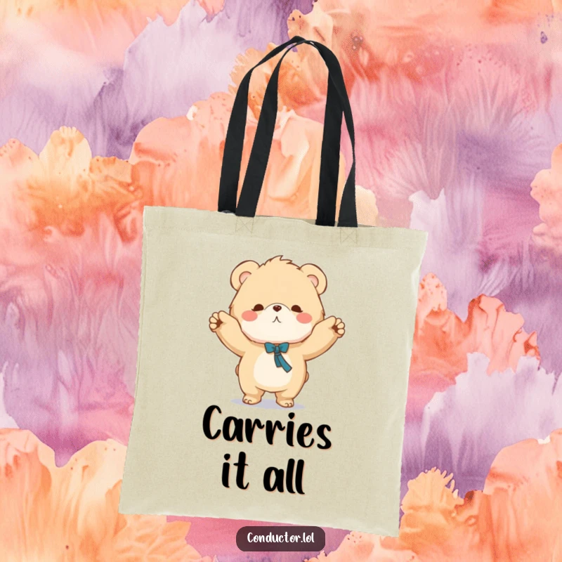 Funny tote bag with a fluffy bear character conducting music with a grand sweeping motion, perfect for carrying essentials.
