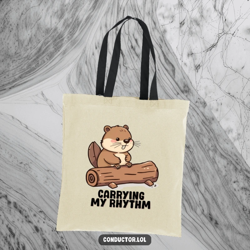 Funny tote bag with a determined beaver tapping its tail on a log, highlighting rhythmic action and practical charm, a perfect funny gift.