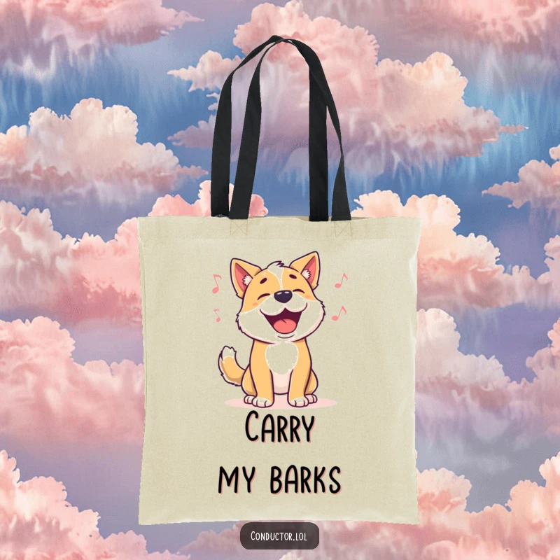 Funny dog tote bag, featuring a proud dog barking along to music with a wagging tail, great for shopping.