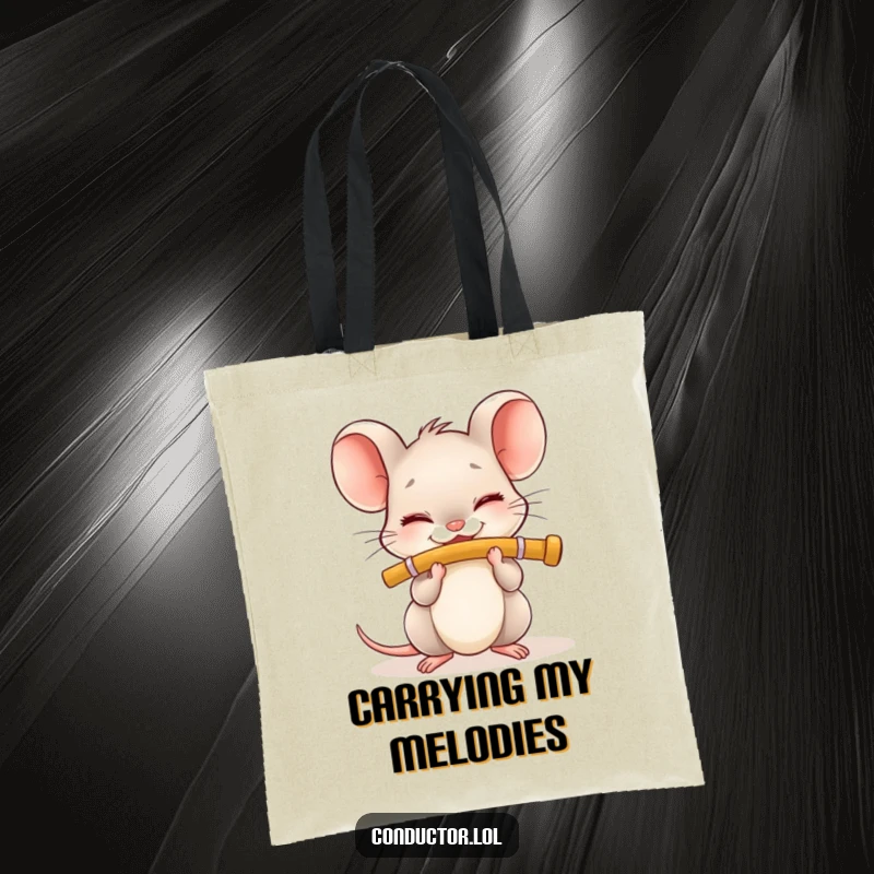 Funny Flute Mouse Tote Bag: Tiny mouse with a smile plays the flute, a cute and musical accessory.