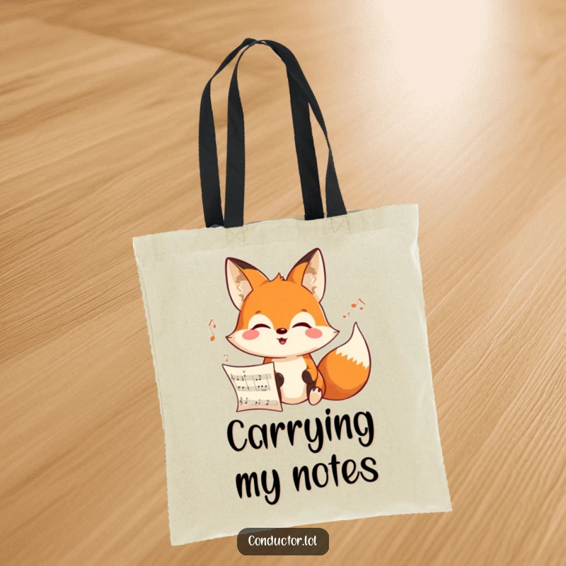 Funny cheerful cartoon fox intensely looking at an unseen musical score with a joyful expression on a tote bag, a musical focus accessory.