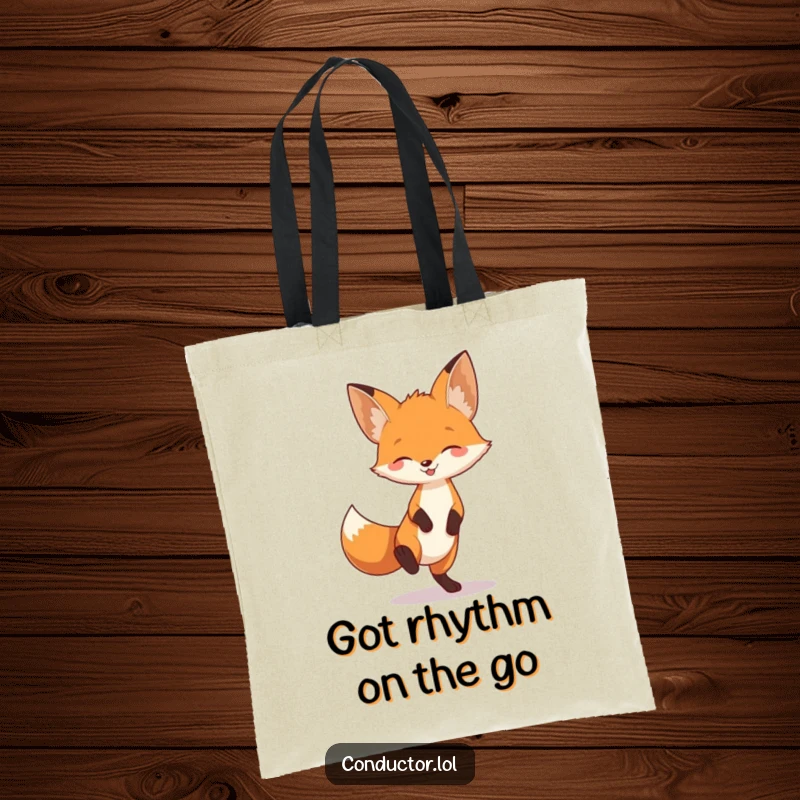 Funny fox tapping its foot to unheard music, full of playful energy, on a chic tote bag, great for shopping.