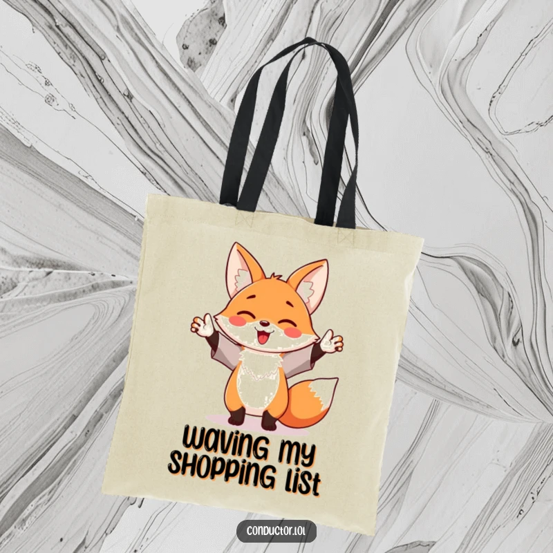 Funny tote bag with a happy fox enthusiastically waving its arms like a conductor, perfect for carrying belongings with style.
