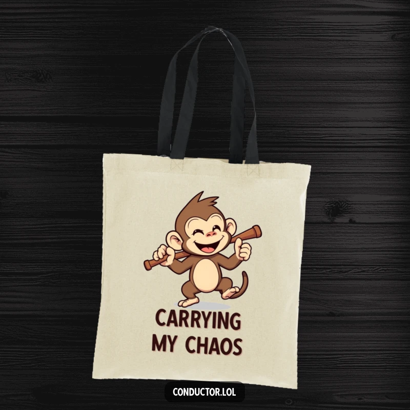 Funny monkey conductor tote bag, perfect for carrying essentials with a jungle-themed graphic. A practical, funny gift.