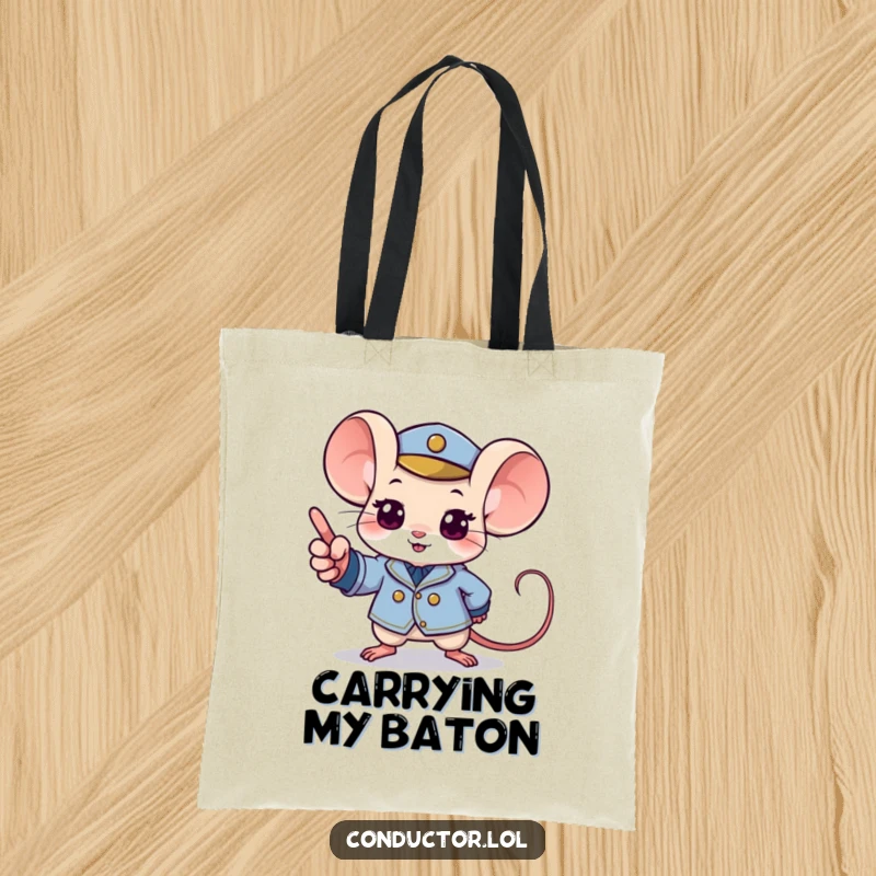Funny mouse tote bag with a determined mouse in a tiny uniform excitedly pointing to a musical crescendo.