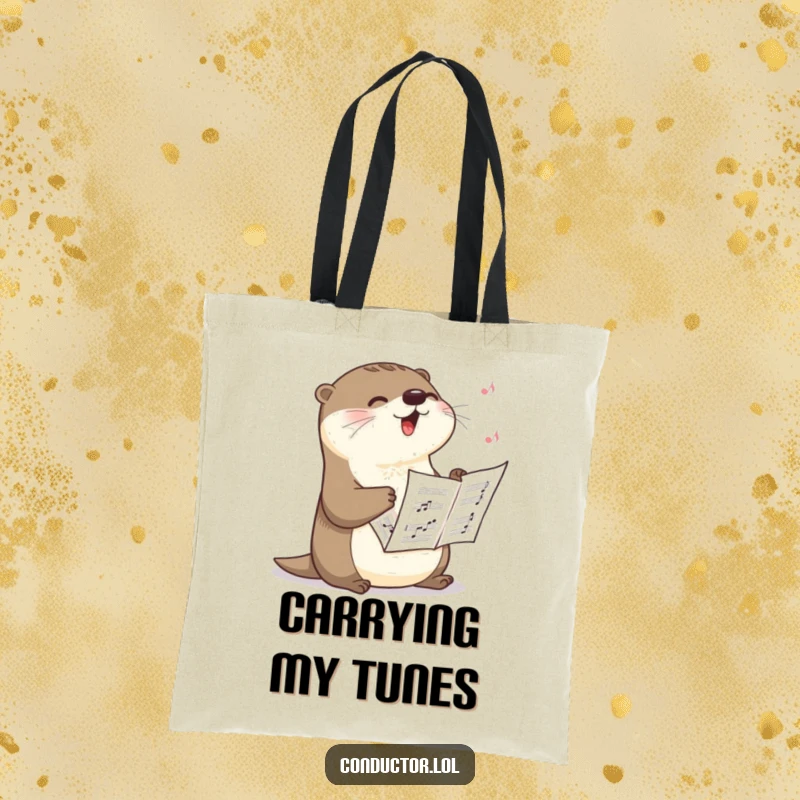 Funny tote bag with a happy otter singing a dramatic crescendo, holding sheet music, showcasing musical passion and performance joy, a perfect funny gift.