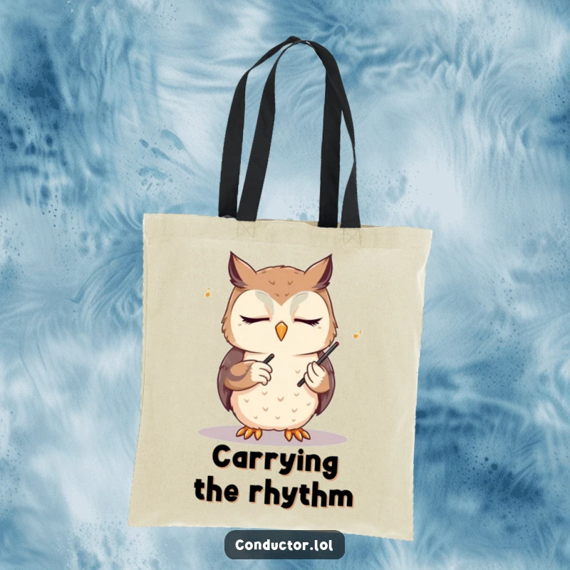 Funny owl conductor tote bag, eyes closed, conducting an unseen orchestra, perfect for carrying daily items with musical elegance and humorous flair.