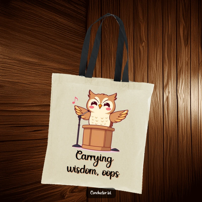 Funny Owl Conductor Tote Bag featuring a cheerful owl conducting music, ideal for carrying books and essentials with style.