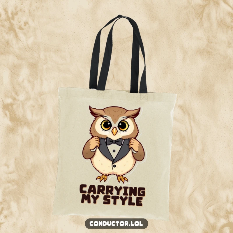 Funny owl tuxedo tote bag, a curious owl adjusting an oversized tuxedo with a pleased expression, perfect for stylish errands.