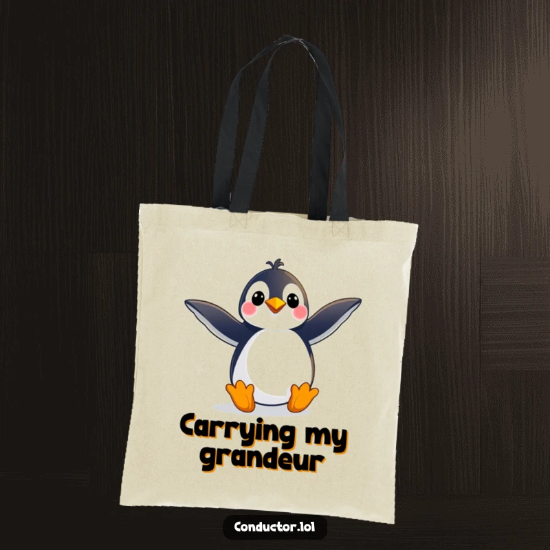 Funny tote bag with a playful penguin striking a grand pose, arms outstretched, showcasing dramatic flair and confidence, a perfect funny gift.