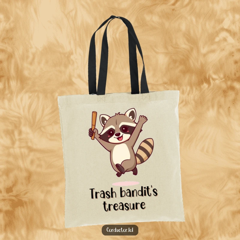 Funny raccoon conductor tote bag, enthusiastically leaping with a baton, perfect for carrying daily items with energetic flair and humorous charm.
