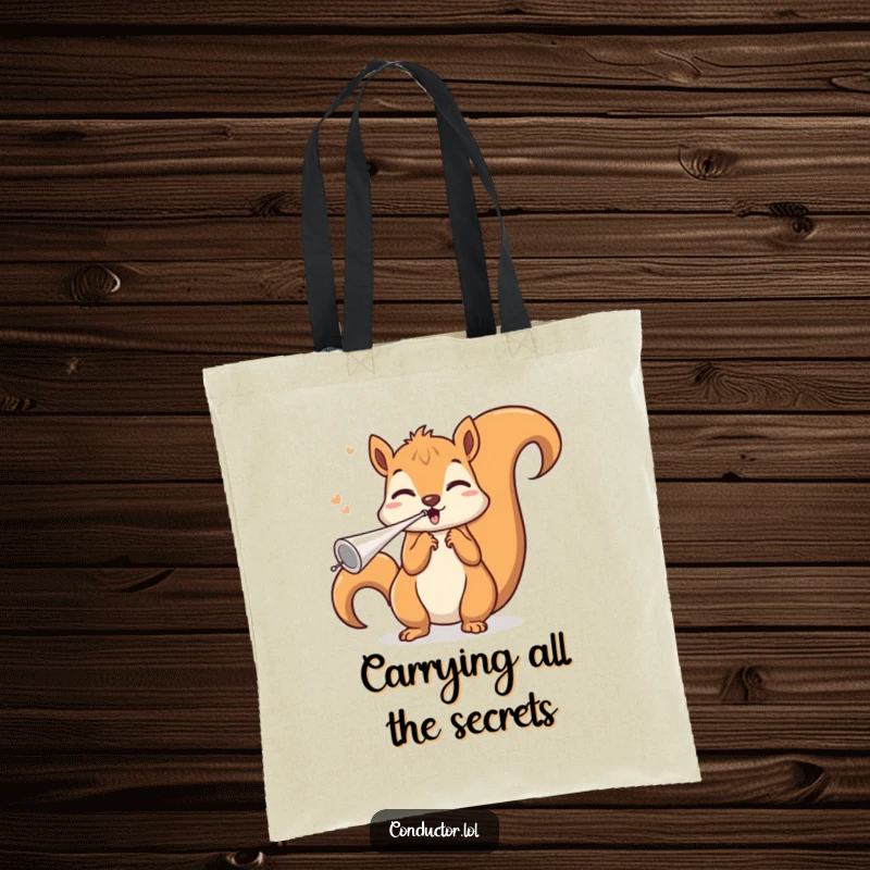 Funny squirrel conductor tote bag, blowing an invisible whistle with a triumphant flourish, perfect for carrying daily items with musical flair and humorous charm.