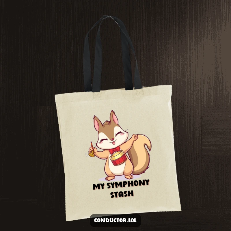 Funny tote bag showcasing a winking squirrel conductor, dramatically tapping a tiny cymbal with a flourish, a tote of musical fun.