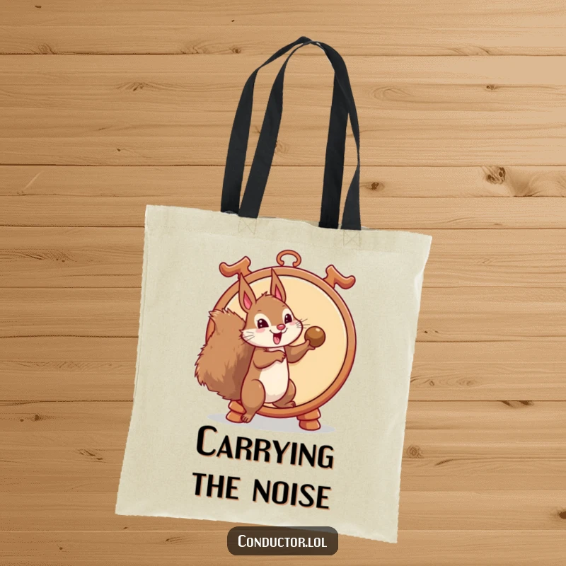 Funny tote bag with a mischievous squirrel about to hit a large gong, emphasizing comedic action and a playful, energetic spirit, a perfect funny gift.