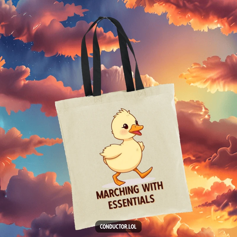 Funny, determined duckling marching with spirited enthusiasm, printed on a sturdy tote bag. Ideal for carrying essentials.