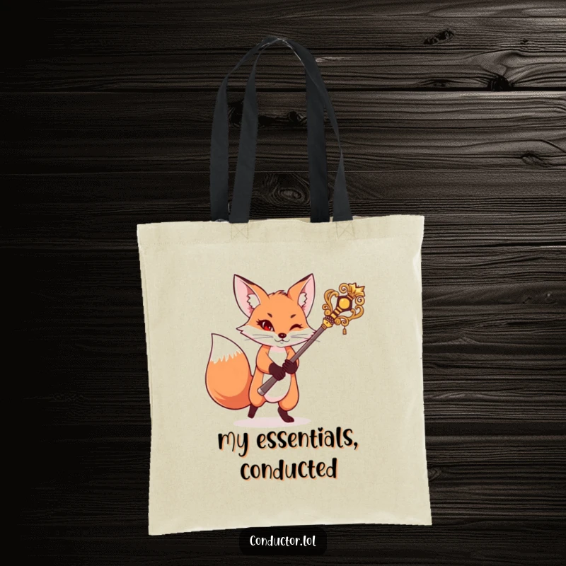 Funny tote bag with a mischievous fox wielding a large baton, ready to direct traffic or carry groceries with dramatic flair.