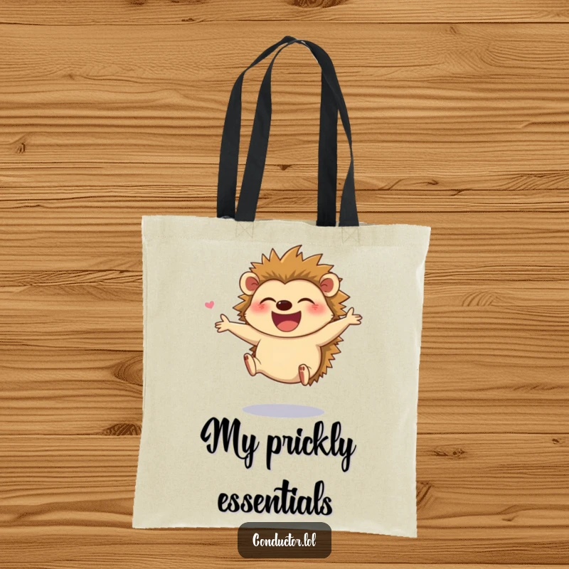Funny tote bag with a giggling hedgehog leaping joyfully while directing, perfect for carrying essentials with happiness.