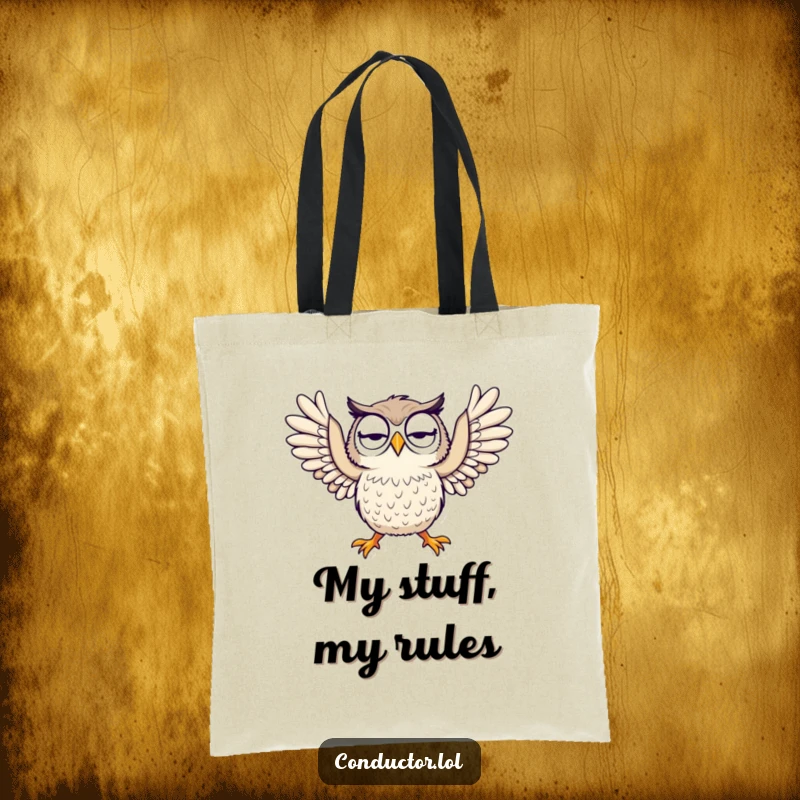 Funny tote bag showcasing a curious owl dramatically stretching its arms wide, perfect for everyday use and humorous gifting.