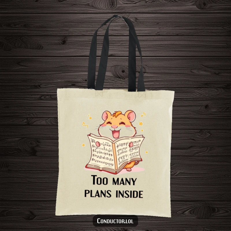 Funny Hamster Score Tote Bag: A giggling hamster furiously turns pages of a large music score.